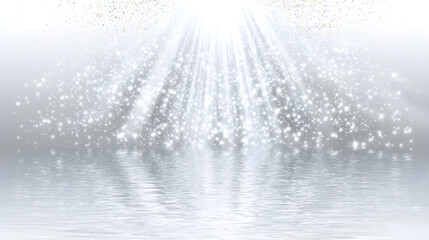 Magical sparkling light streams down onto a calm reflective water surface, creating a serene and ethereal atmosphere.