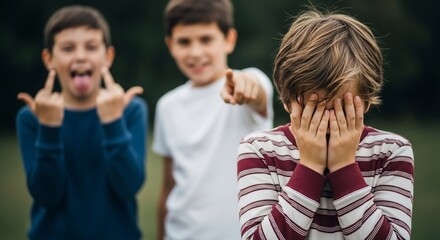 Children mocking and bullying another child, causing distress and sadness