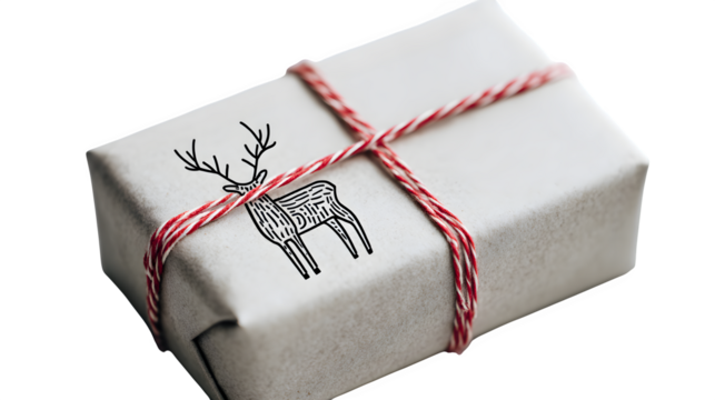 Scandinavian gift in oatmeal paper with minimalist black line-art reindeer and thin red cord, neutral and clean, isolated on white background