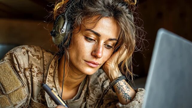 Focused military woman uses laptop to complete tasks while wearing headphones in a cozy environment during daylight hours