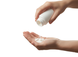 Pills in Hand: A close-up shot of hand pouring white pills into another hand, with emphasis on healthcare and medication usage. 