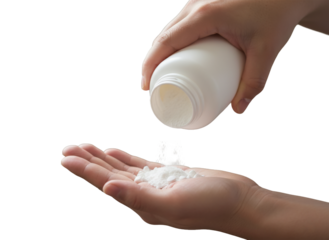 Silky Smooth Powder: Close-up of hands pouring delicate, white powder from a plastic container, creating a moment of tactile and visual delight.