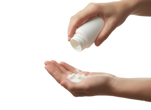 Pills in Hand: A close-up shot of hand pouring white pills into another hand, with emphasis on healthcare and medication usage. 