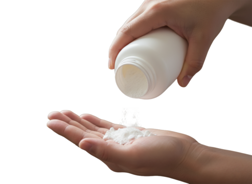 Silky Smooth Powder: Close-up of hands pouring delicate, white powder from a plastic container, creating a moment of tactile and visual delight.