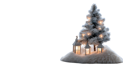 Snow-covered miniature tabletop tree with faux fur skirt and tiny glowing lanterns, cozy winter scene, isolated on white background