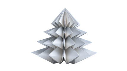 Snow-covered origami Christmas tree folded from white and silver paper with precise creases and geometric symmetry, paper art, isolated on white background