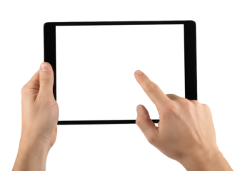 Digital Interaction: A hand holds a sleek tablet, the touch screen blank, offering endless possibilities for connection and creativity. It's a gateway to information, communication, and innovation.