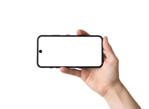 Mobile Device in Hand: A close-up view presents a hand delicately holding a sleek mobile phone with a blank screen, emphasizing technology and connection.