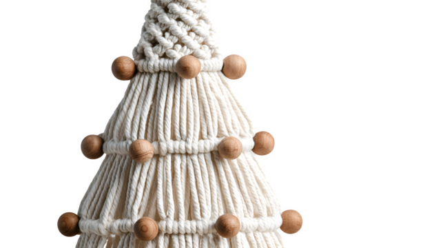 Snow-covered macram? Christmas tree with knotted white cords and wooden bead accents, bohemian texture, isolated on white background