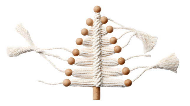 Snow-covered macram? Christmas tree with knotted white cords and wooden bead accents, bohemian texture, isolated on white background