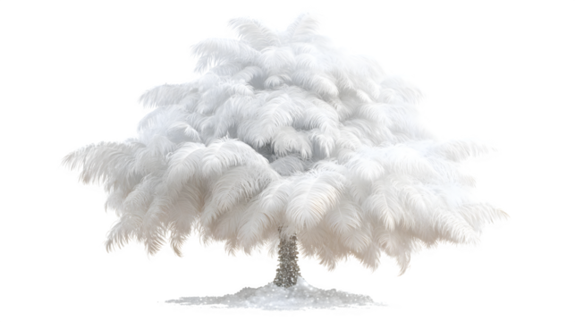 Snow-covered feather Christmas tree with white ostrich plumes and silver glitter tips, soft and glamorous, isolated on white background