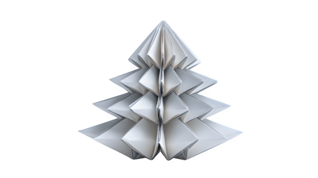 Snow-covered origami Christmas tree folded from white and silver paper with precise creases and geometric symmetry, paper art, isolated on white background