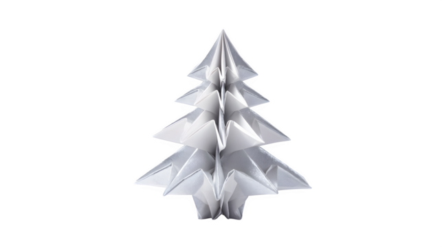 Snow-covered origami Christmas tree folded from white and silver paper with precise creases and geometric symmetry, paper art, isolated on white background