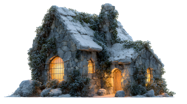 Snow-covered stone cottage with ivy peeking through the frost, candlelight flickering in the windows, isolated on white background
