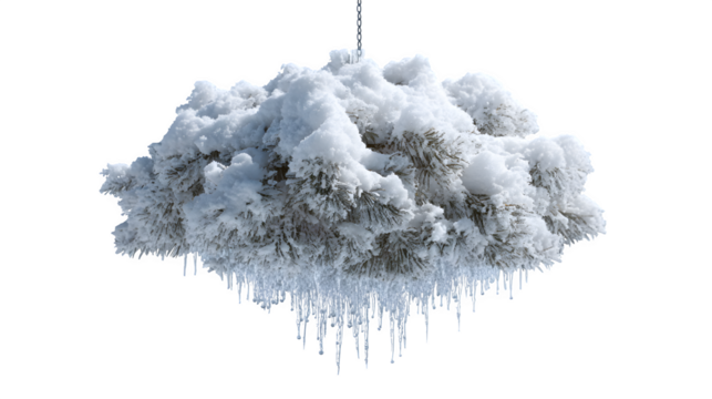 Snow-covered upside-down Christmas tree hanging from invisible wire, frosty tips and icy glow, modern twist, isolated on white background