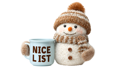 Snowman holding a mug labeled "Nice List", wearing a knitted hat with pom-pom, cozy winter vibe, isolated on white background