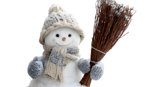 Snowman holding a broom made of twigs, wearing mittens and a knitted hat, with a snowy garden behind, isolated on white background