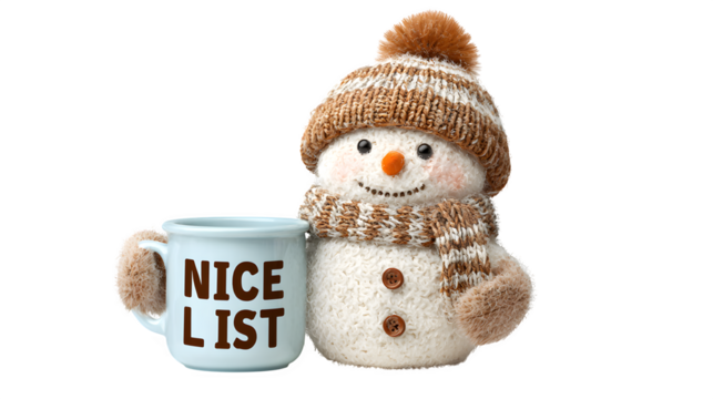 Snowman holding a mug labeled "Nice List", wearing a knitted hat with pom-pom, cozy winter vibe, isolated on white background