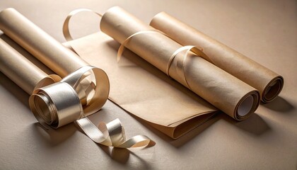 Fototapeta premium Metallic Ribbon and Kraft Paper on Taupe Surface With Daylight Shine