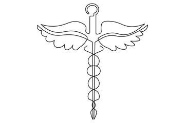 Minimalist caduceus icon continuous one line outline healthcare illustration
