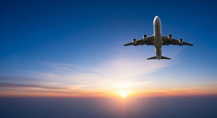 Dramatic airplane flying over a vibrant sunset sky with a warm glow on the horizon