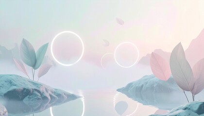 Minimal surreal landscape with floating leaf shapes and glowing geometric rings