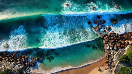 Waves crashing on sandy beach at sunrise with clear turquoise waters and rocky shorelines in a peaceful coastal location