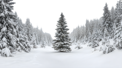 Snowy forest clearing with a single tall pine standing in the center, surrounded by untouched powder snow, isolated on white background