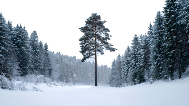 Snowy forest clearing with a single tall pine standing in the center, surrounded by untouched powder snow, isolated on white background