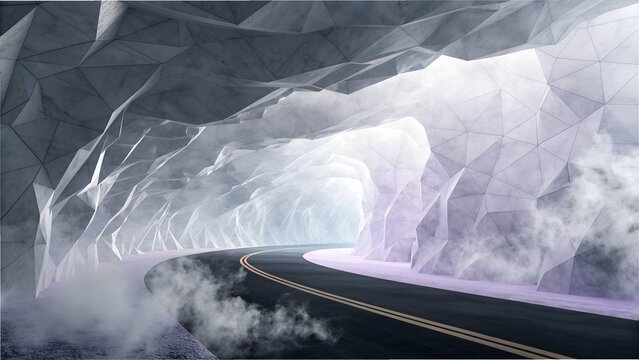 Futuristic Tunnel Road with Geometric Marble Walls and Mist | Sci-Fi Passage Background

