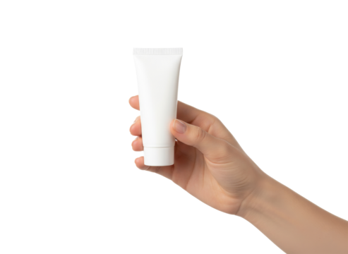 Beauty Product Showcase: A hand gently presents a sleek, minimalist tube, hinting at the potential within and inviting a sensory experience. 