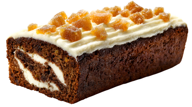Soft gingerbread loaf with cream cheese swirl and crystallized ginger chunks, spiced and moist, isolated on white background