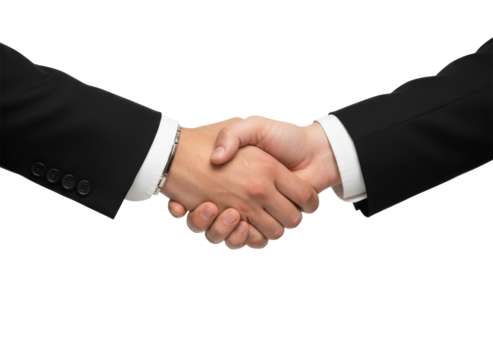 Handshake in Professional Partnership: A close-up shot of two individuals in business attire, shaking hands in a gesture of agreement and cooperation.