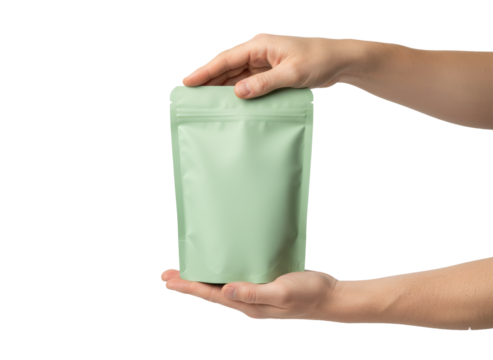 Product Showcase: Hands gracefully present a sleek, blank pouch, a canvas for branding and packaging design, against a simple backdrop, emphasizing its clean lines and texture.