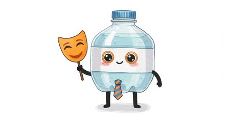 a cute round plastic bottle character actor holding theater mask in watercolor illustration