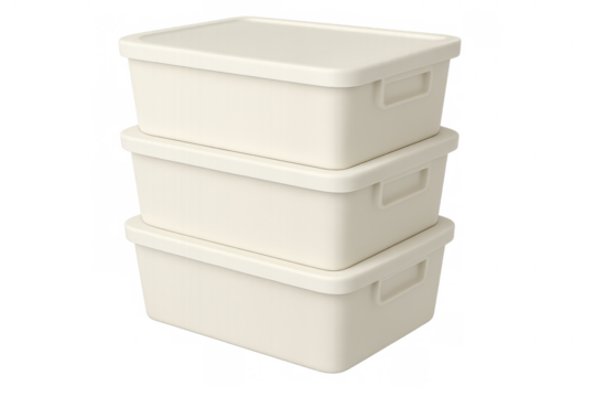 Stacked plastic storage boxes with lids providing home organization and decluttering solutions on transparent background