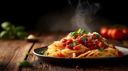 Steaming hot spaghetti with tomato sauce basil and cheese served on wooden table for National Spaghetti Day
