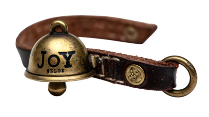 Tiny brass sleigh bell with leather strap and hand-stamped "Joy" engraving, rustic and personal, isolated on white background