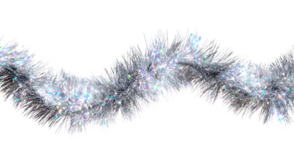 Tinsel garland with iridescent silver strands catching ambient light, draped in soft curves, festive shimmer, isolated on white background