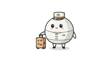a cute round plastic bottle character hotel bellboy holding luggage in watercolor illustration