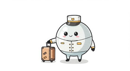 a cute round plastic bottle character hotel bellboy holding luggage in watercolor illustration