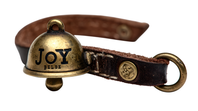 Tiny brass sleigh bell with leather strap and hand-stamped "Joy" engraving, rustic and personal, isolated on white background