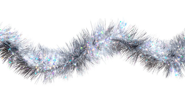 Tinsel garland with iridescent silver strands catching ambient light, draped in soft curves, festive shimmer, isolated on white background