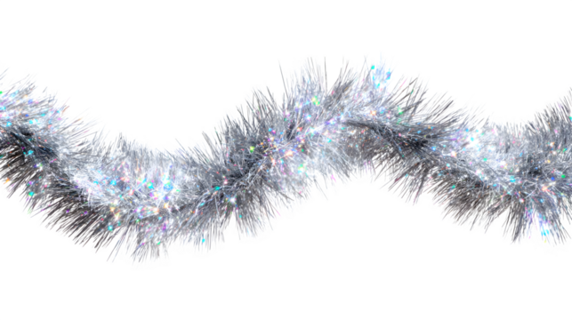 Tinsel garland with iridescent silver strands catching ambient light, draped in soft curves, festive shimmer, isolated on white background
