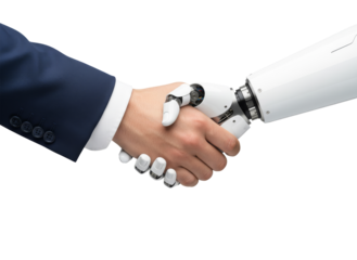 Human and Robot Handshake: A close-up of a firm handshake, symbolizing partnership between a human and a technological entity, highlighting the future of collaboration.