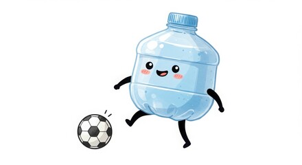 a cute round plastic bottle character playing soccer kicking a ball in watercolor illustration