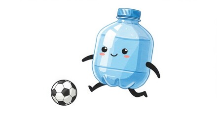 a cute round plastic bottle character playing soccer kicking a ball in watercolor illustration