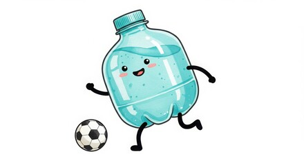 a cute round plastic bottle character playing soccer kicking a ball in watercolor illustration