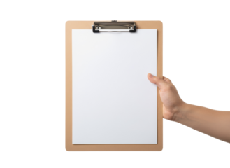 Clipboard in hand: A hand holding a clipboard with a blank paper, offering a canvas for ideas and information, perfect for showcasing your message.