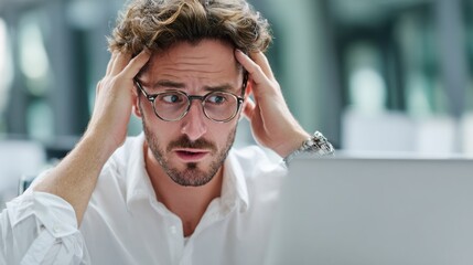 Frustrated Entrepreneur Examines Laptop Screen With Error Message During Stressful Financial Situation in Modern Office Setting